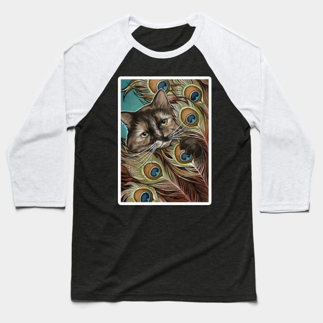 Tortie Cat and Peacock Feathers - White Outlined Version Baseball T-Shirt by Nat Ewert Art